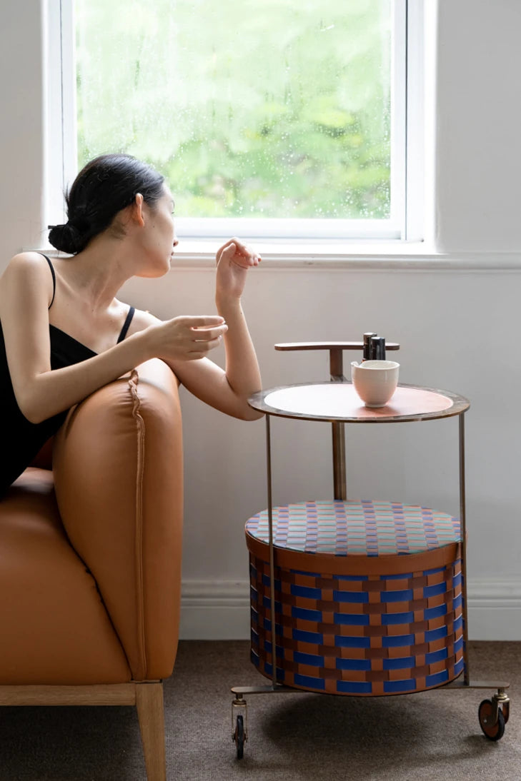 Stylish PU Leather Side Table with Stainless Steel Accents and Black Walnut Wood Base – Modern Decorative Accent for Living Room and Bedroom hrn-5267