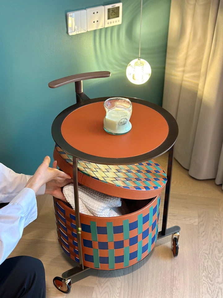 Stylish PU Leather Side Table with Stainless Steel Accents and Black Walnut Wood Base – Modern Decorative Accent for Living Room and Bedroom hrn-5267