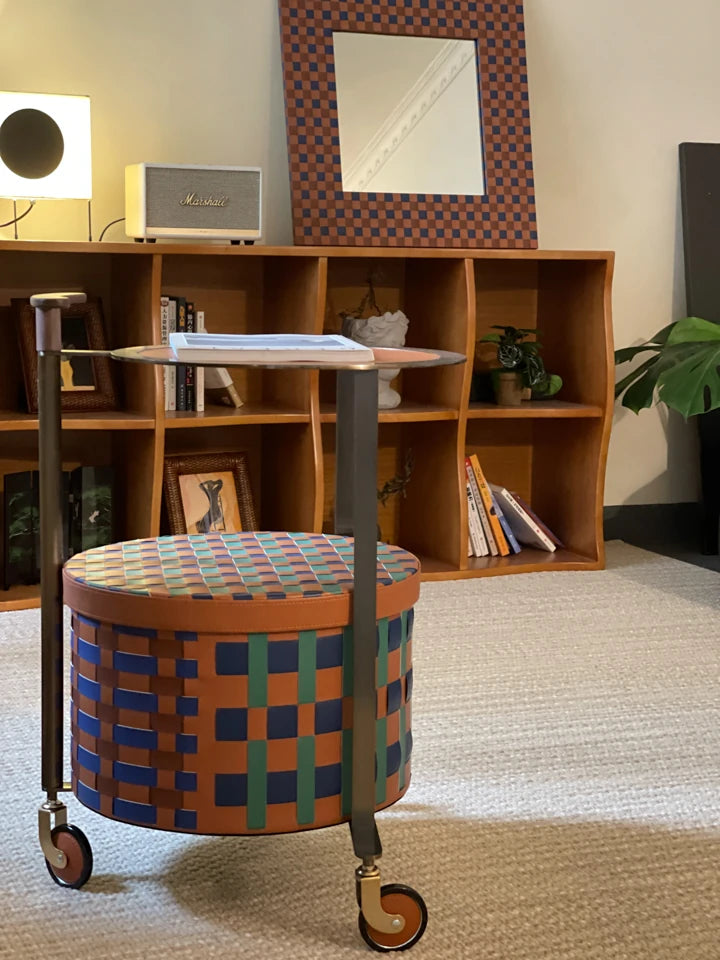 Stylish PU Leather Side Table with Stainless Steel Accents and Black Walnut Wood Base – Modern Decorative Accent for Living Room and Bedroom hrn-5267