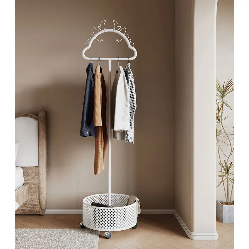 Stylish Metal Coat Hanger with Wheels and Convenient Storage Basket hsj-2253