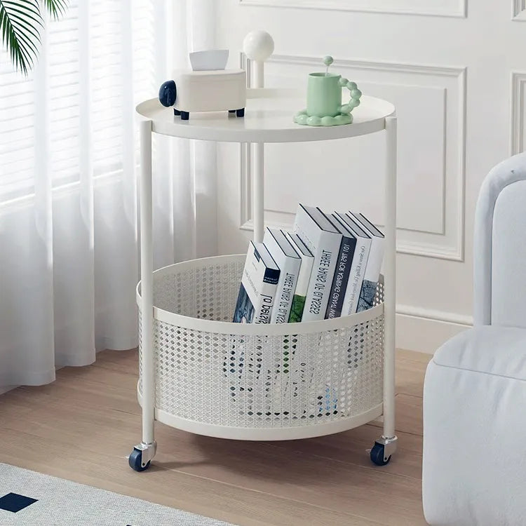 Compact White Metal Rolling Tea Table with Storage Basket - Modern Home Accent hsj-2257