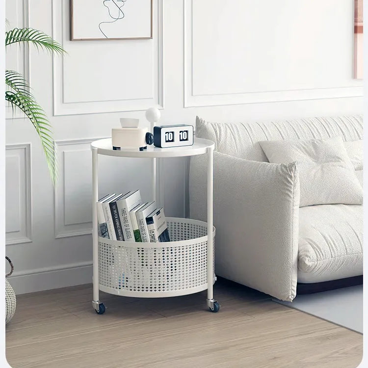 Compact White Metal Rolling Tea Table with Storage Basket - Modern Home Accent hsj-2257