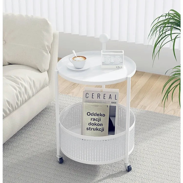 Compact White Metal Rolling Tea Table with Storage Basket - Modern Home Accent hsj-2257