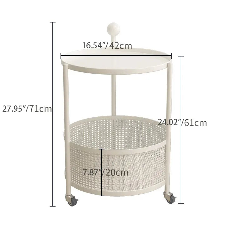 Compact White Metal Rolling Tea Table with Storage Basket - Modern Home Accent hsj-2257