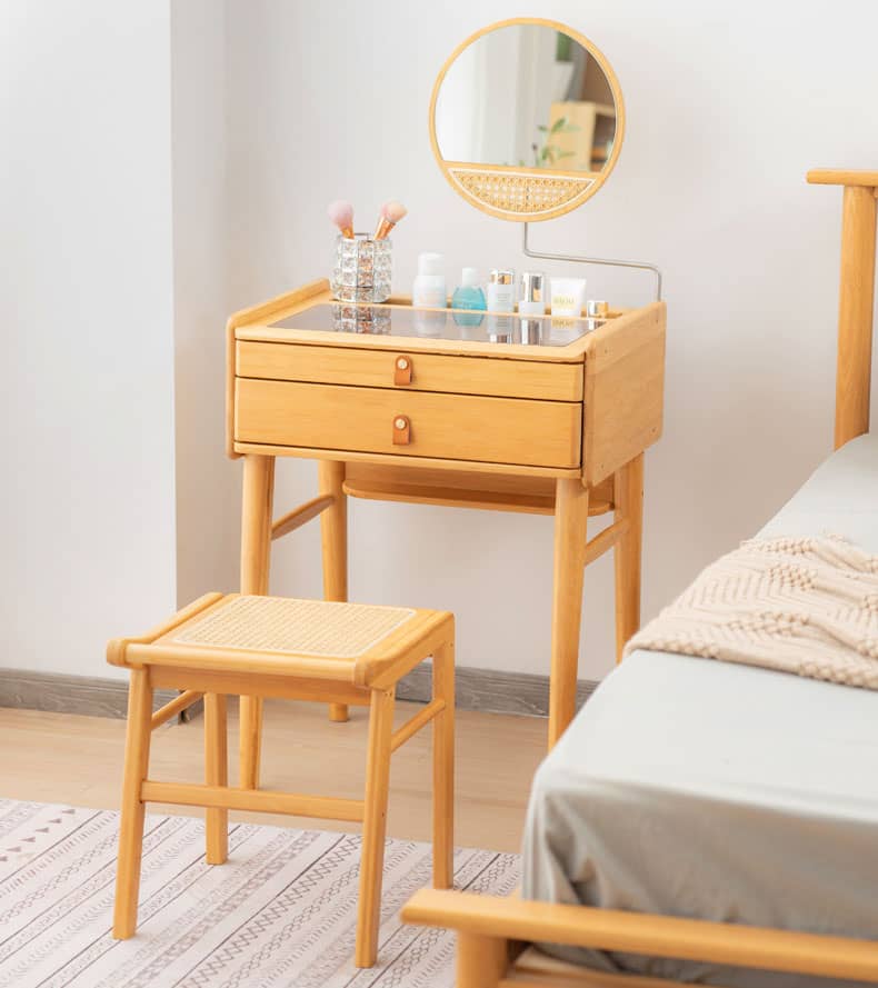 Elegant Natural Bamboo Makeup Table with Glass Top hsl-73