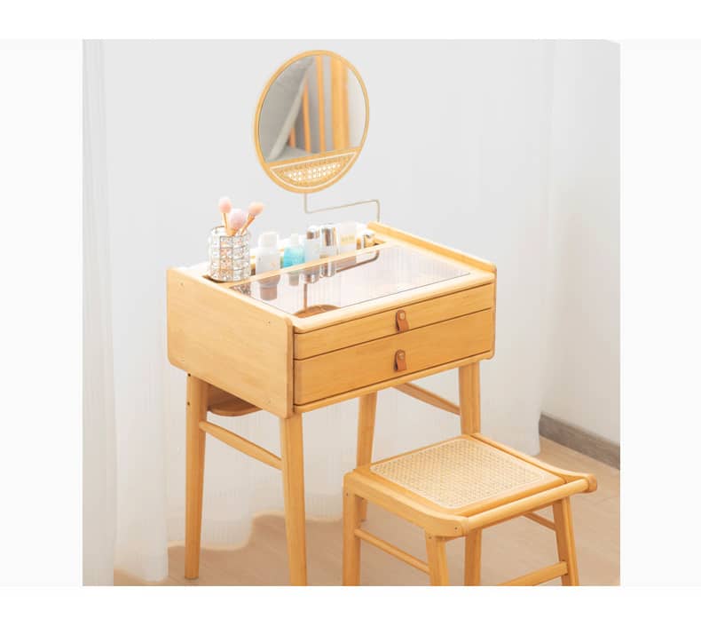 Elegant Natural Bamboo Makeup Table with Glass Top hsl-73