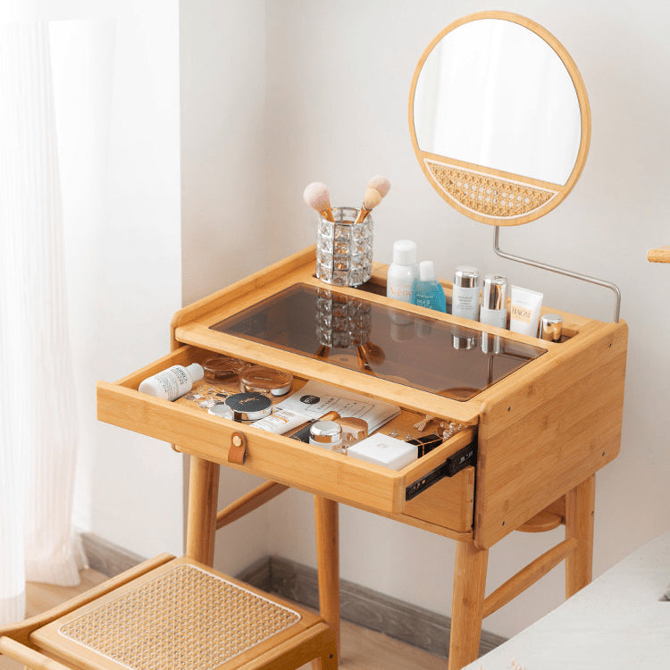 Elegant Natural Bamboo Makeup Table with Glass Top hsl-73