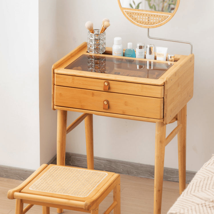 Elegant Natural Bamboo Makeup Table with Glass Top hsl-73