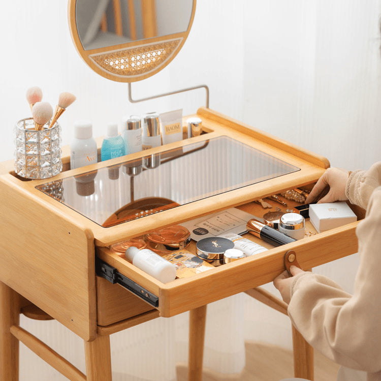 Elegant Natural Bamboo Makeup Table with Glass Top hsl-73