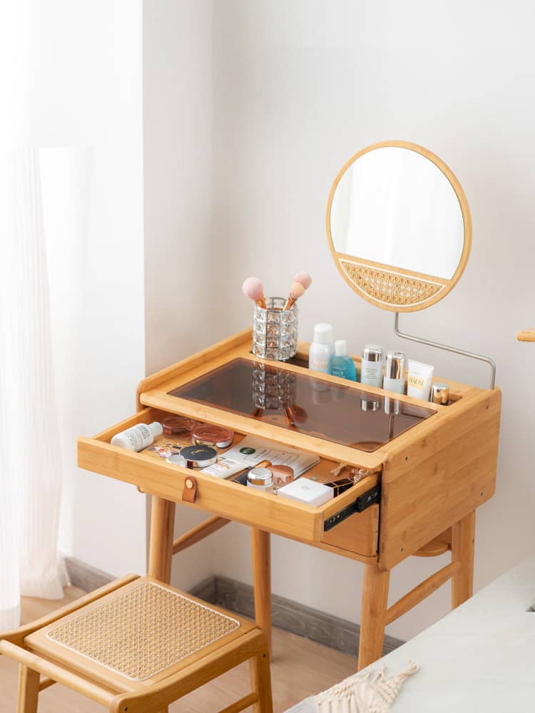 Elegant Natural Bamboo Makeup Table with Glass Top hsl-73
