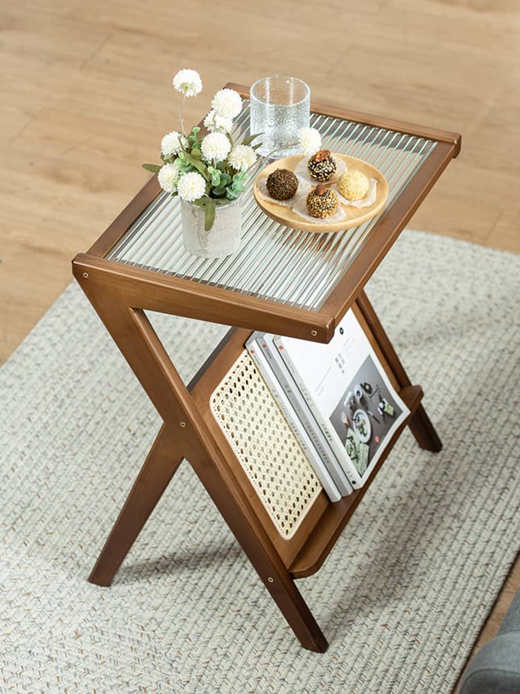 Elegant Natural Wood Tea Table with Reeded Glass – Brown, Grey & Dark Bamboo Styles hsl-76