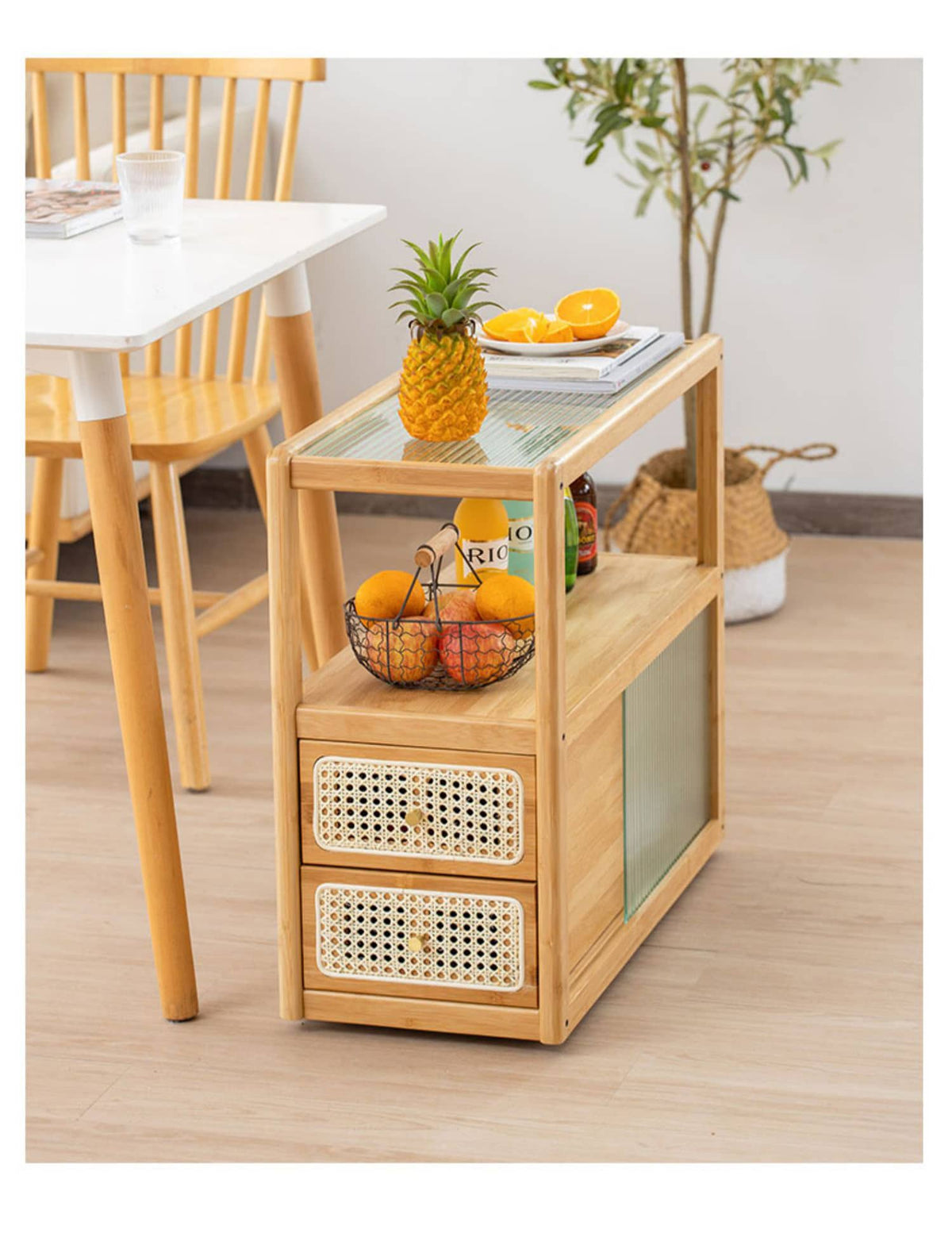 Elegant Natural Wood Tea Table with Reeded Glass and Dark Grey Bamboo Accents hsl-82
