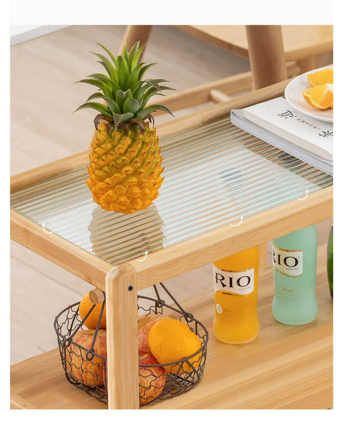 Elegant Natural Wood Tea Table with Reeded Glass and Dark Grey Bamboo Accents hsl-82