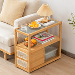 Elegant Natural Wood Tea Table with Reeded Glass and Dark Grey Bamboo Accents hsl-82
