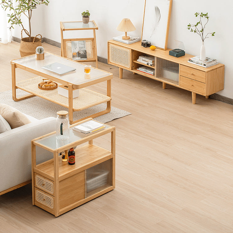 Elegant Natural Wood Tea Table with Reeded Glass and Dark Grey Bamboo Accents hsl-82