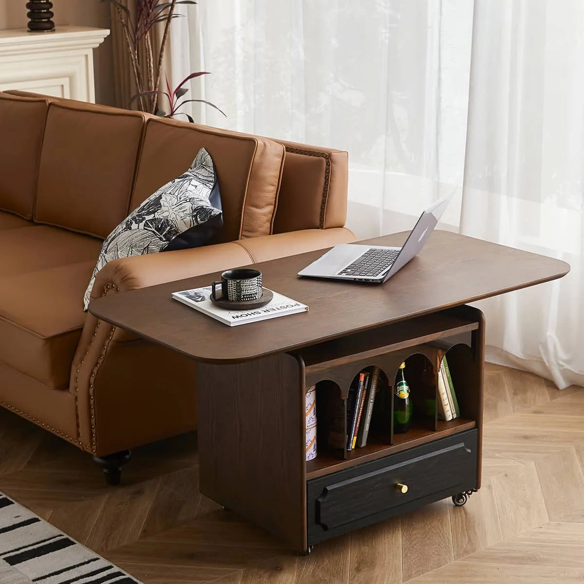 Stylish Red Oak Coffee Table with Storage Shelves - Perfect for Modern Living Rooms hsmjx-4155