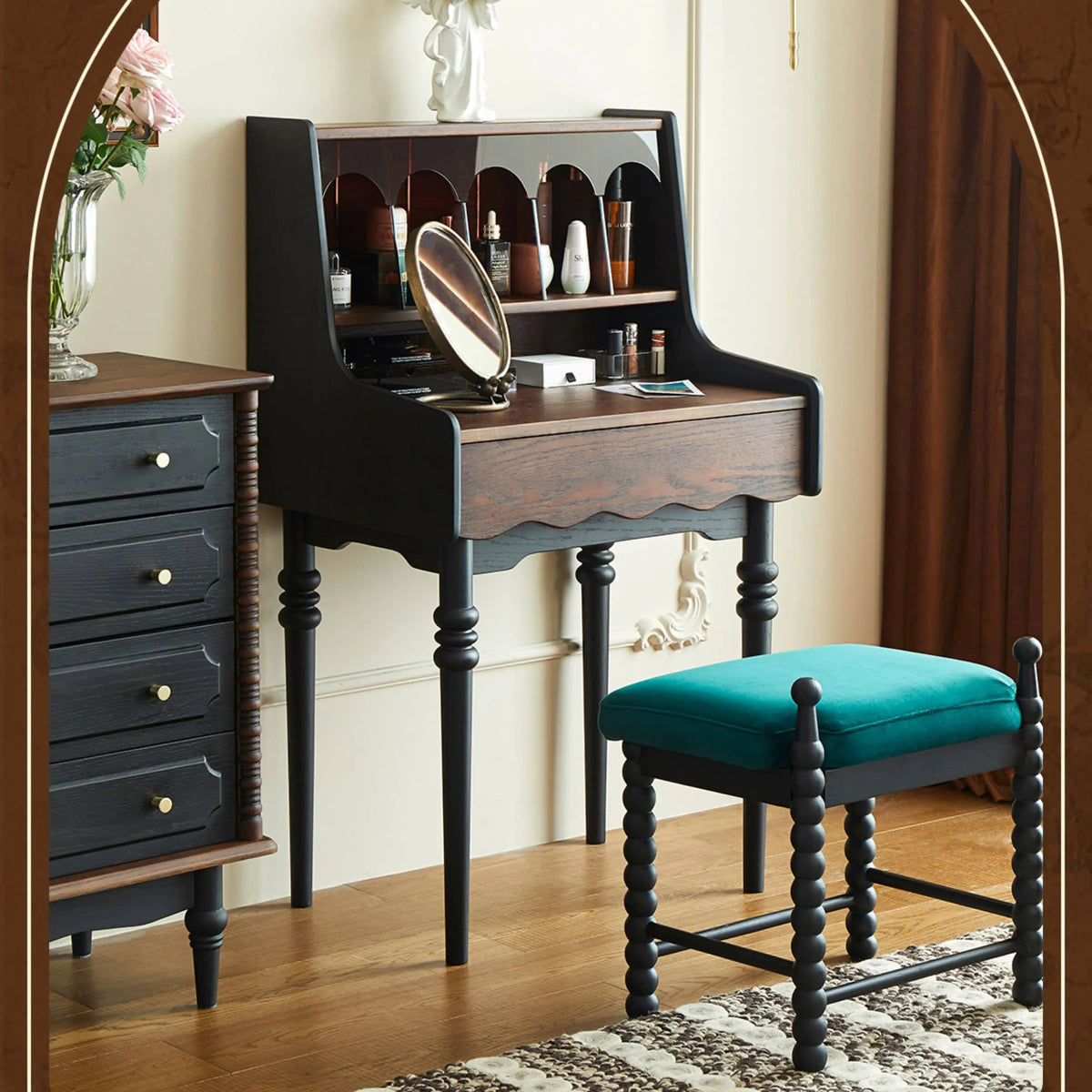 Vintage-Inspired Red Oak Multi-Layer Cabinet: Elegant Storage Solution with Makeup Vanity Design hsmjx-4162