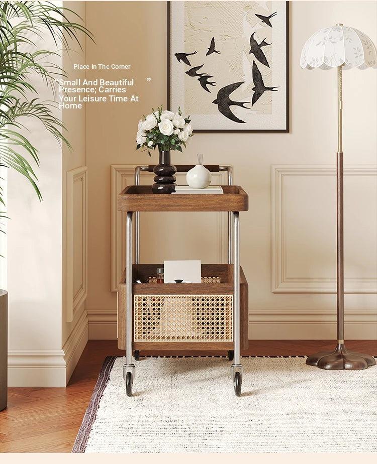 Elegant Solid Wood and Resin Serving Cart with Stainless Steel Frame - Stylish Home Bar and Storage Solution hsms-4906