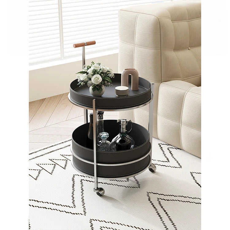 Stylish Solid Wood & Stainless Steel Bar Cart with Synthetic Leather Trim – Perfect for Entertaining and Home Decor hsms-4916