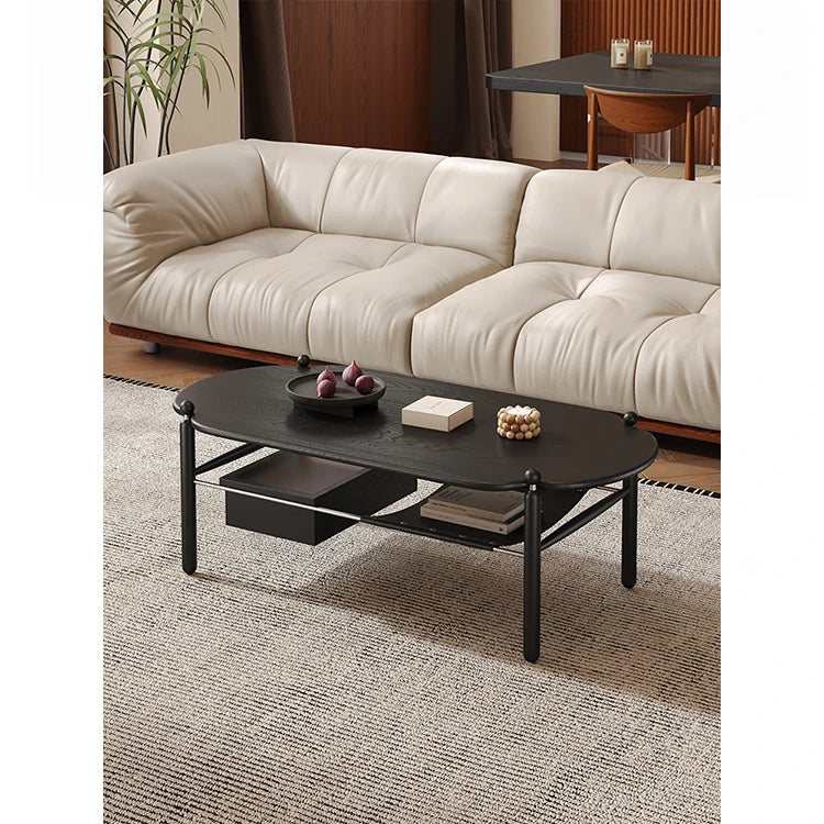 Stylish Black Ash Wood Coffee Table with Synthetic Leather Accents and Hidden Storage Space hsms-4919