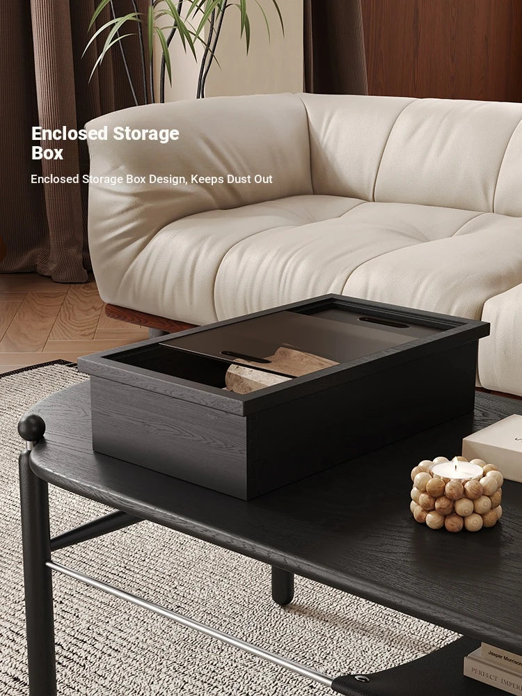 Stylish Black Ash Wood Coffee Table with Synthetic Leather Accents and Hidden Storage Space hsms-4919