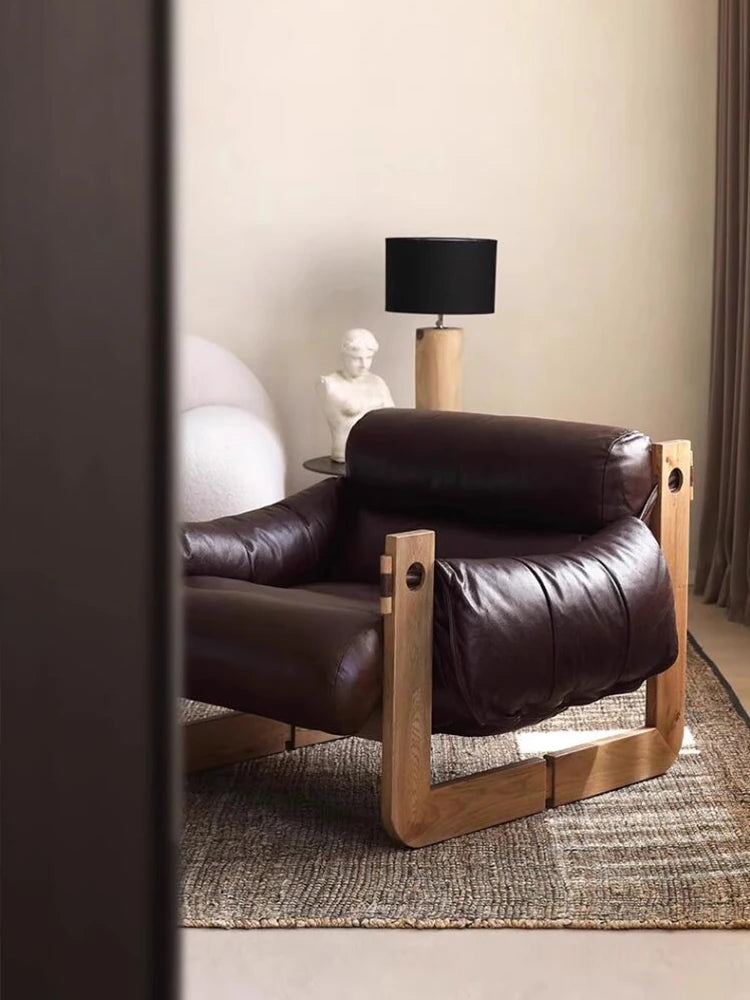 Stylish Ash Wood Armchair with Down Stuffing, Premium Cowhide Leather, and Synthetic Leather Upholstery for Modern Living Spaces hsms-4931