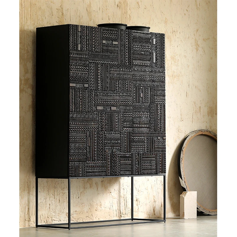 Stylish Oak and Teak Cabinet with Intricate Iron Base - Modern Storage Solution for Your Home hsxz-2189