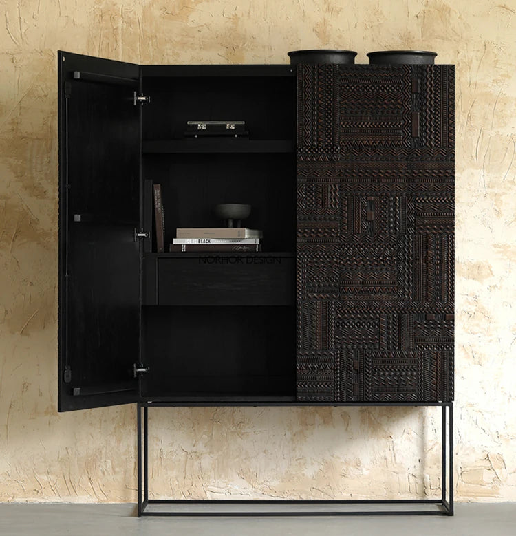 Stylish Oak and Teak Cabinet with Intricate Iron Base - Modern Storage Solution for Your Home hsxz-2189