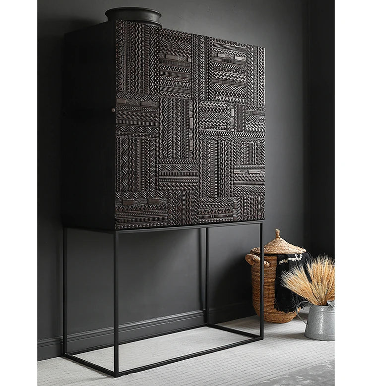 Stylish Oak and Teak Cabinet with Intricate Iron Base - Modern Storage Solution for Your Home hsxz-2189