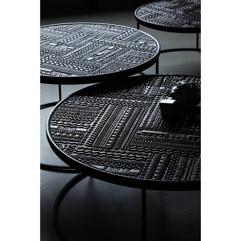 Stylish Round Teak and Metal Tea Table with Intricate Pattern Design - Modern Coffee Table for Living Room hsxz-2197