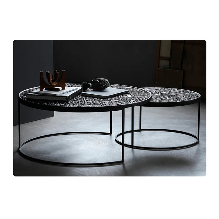Stylish Round Teak and Metal Tea Table with Intricate Pattern Design - Modern Coffee Table for Living Room hsxz-2197