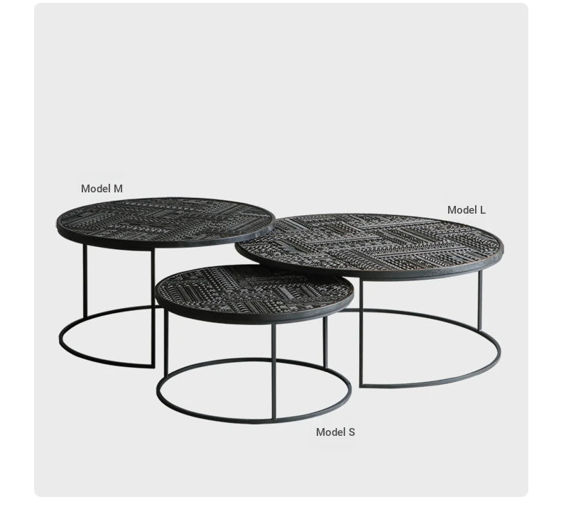 Stylish Round Teak and Metal Tea Table with Intricate Pattern Design - Modern Coffee Table for Living Room hsxz-2197
