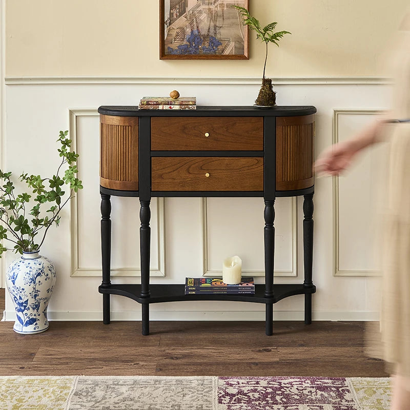 Elegant Ash Wood Multi-Layer Board Cabinet with Two Drawers and Vintage Charm hsysg-4991