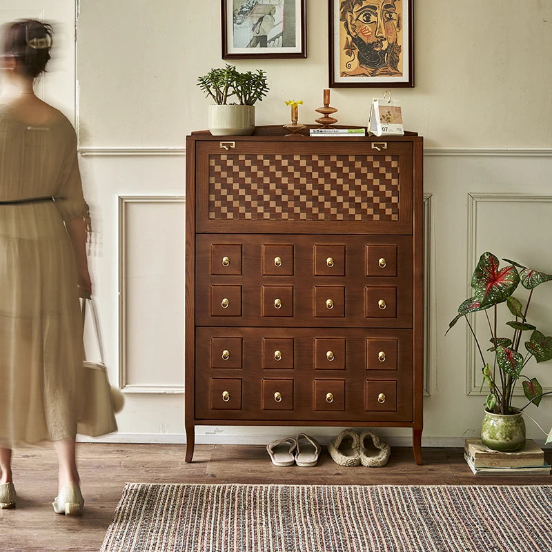 Stylish Ash Wood Multi-Layer Cabinet with Elegant Checkerboard Design - Perfect Storage Solution for Modern Homes hsysg-4992