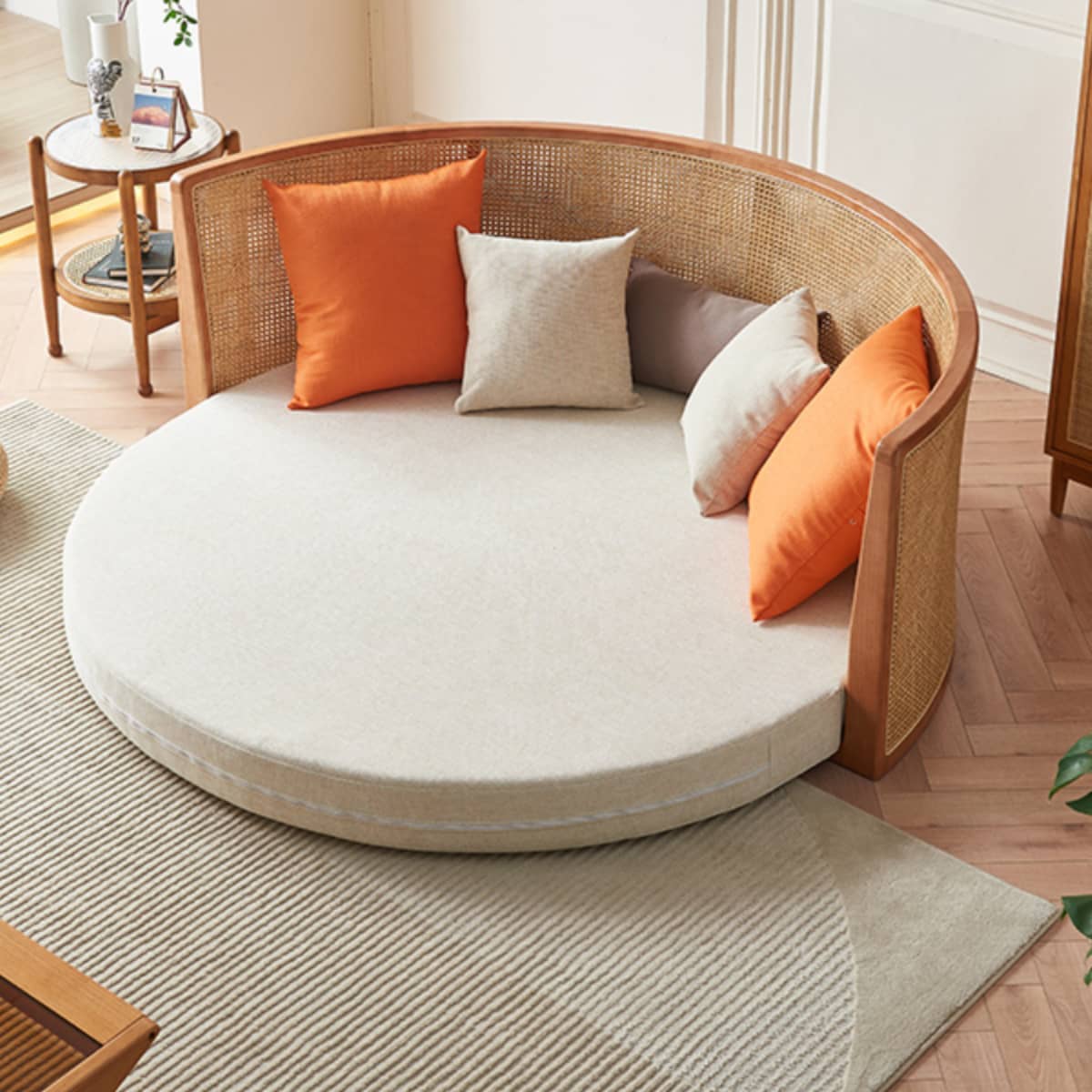 Beige Rattan Sofa with Ash Wood Frame and Cotton Linen Upholstery htzm-1505