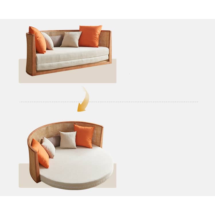 Beige Rattan Sofa with Ash Wood Frame and Cotton Linen Upholstery htzm-1505