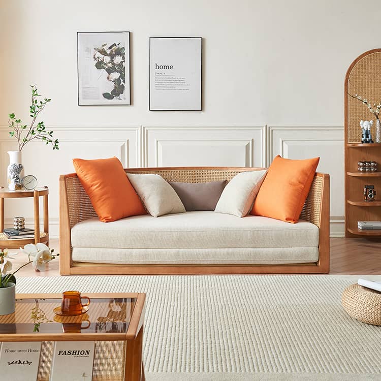 Beige Rattan Sofa with Ash Wood Frame and Cotton Linen Upholstery htzm-1505