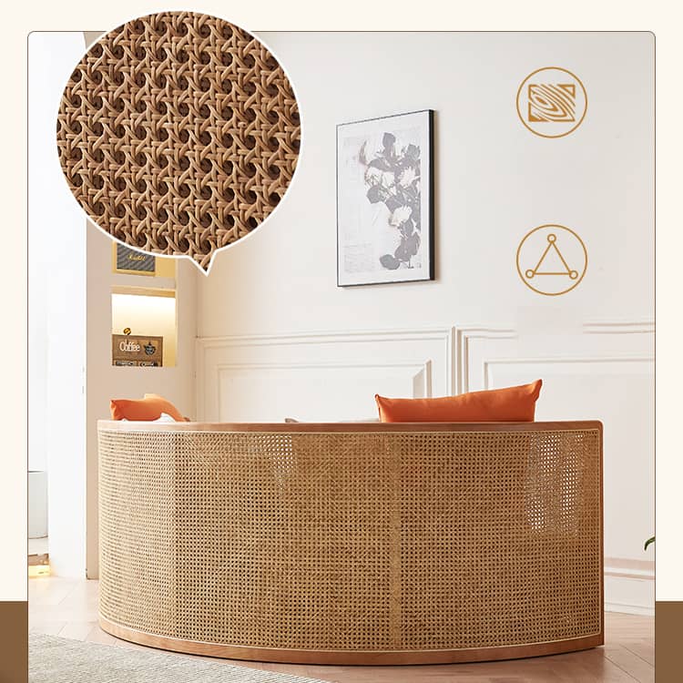 Beige Rattan Sofa with Ash Wood Frame and Cotton Linen Upholstery htzm-1505