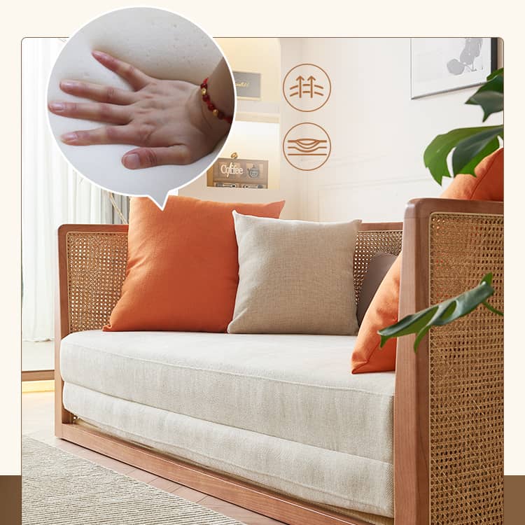 Beige Rattan Sofa with Ash Wood Frame and Cotton Linen Upholstery htzm-1505
