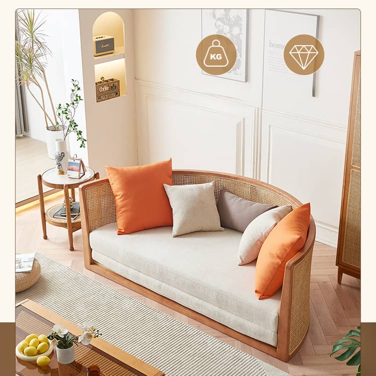 Beige Rattan Sofa with Ash Wood Frame and Cotton Linen Upholstery htzm-1505