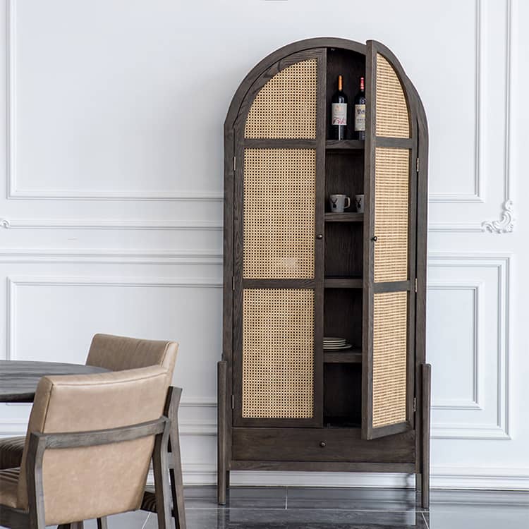 Elegant Black Oak Wood Cabinet with Rattan Accents for Modern Living Rooms htzm-1512
