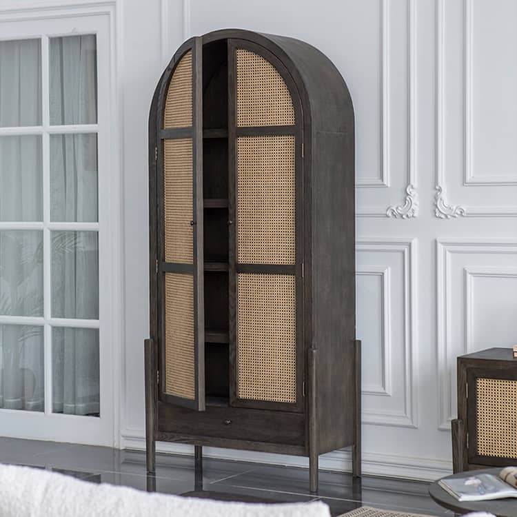 Elegant Black Oak Wood Cabinet with Rattan Accents for Modern Living Rooms htzm-1512