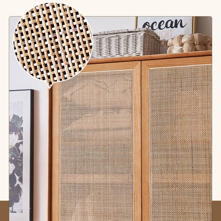 Elegant Ash Wood Cabinet with Natural Rattan Details htzm-1513