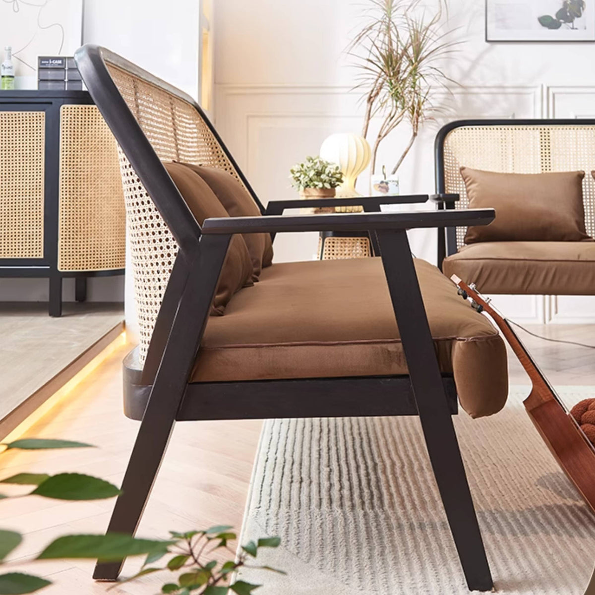 Elegant Dark Brown Ash Wood Sofa with Intricate Rattan Detailing htzm-1514