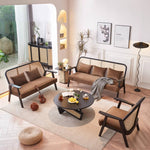 Elegant Dark Brown Ash Wood Sofa with Intricate Rattan Detailing htzm-1514