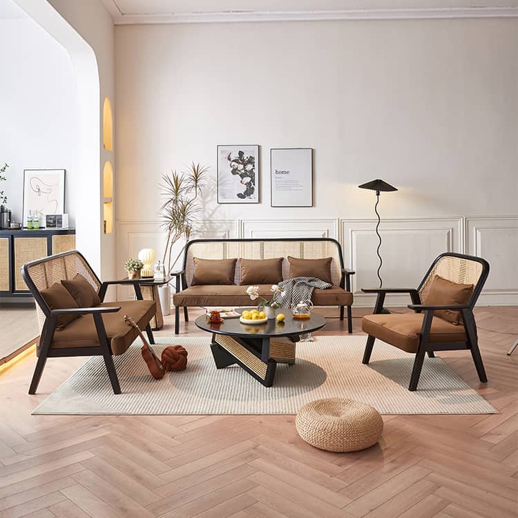 Elegant Dark Brown Ash Wood Sofa with Intricate Rattan Detailing htzm-1514