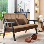 Elegant Dark Brown Ash Wood Sofa with Intricate Rattan Detailing htzm-1514