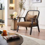 Elegant Dark Brown Ash Wood Sofa with Intricate Rattan Detailing htzm-1514