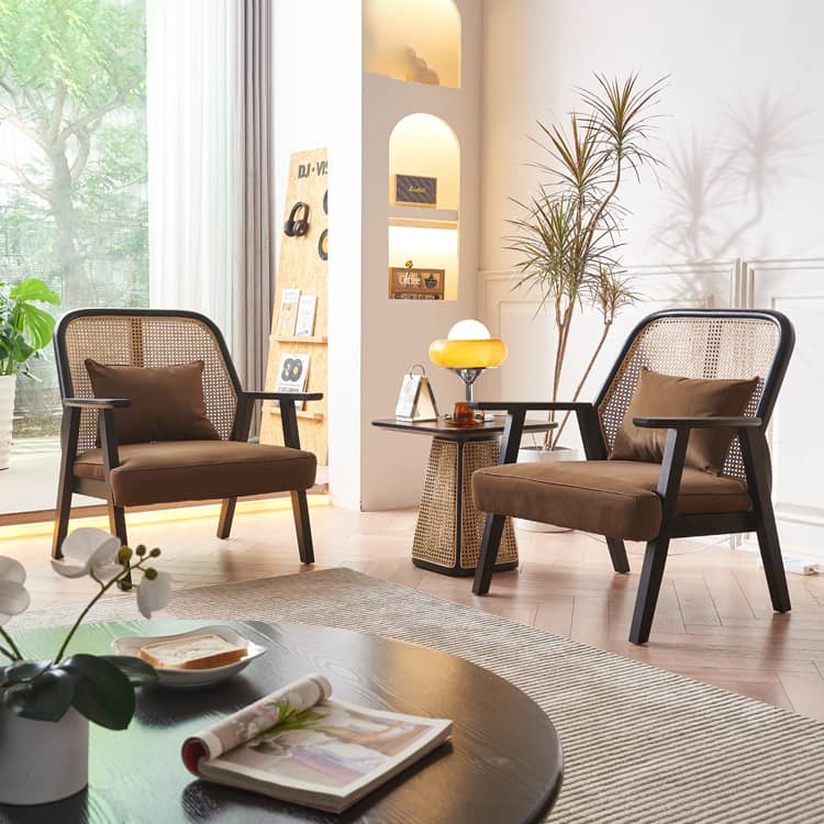 Elegant Dark Brown Ash Wood Sofa with Intricate Rattan Detailing htzm-1514