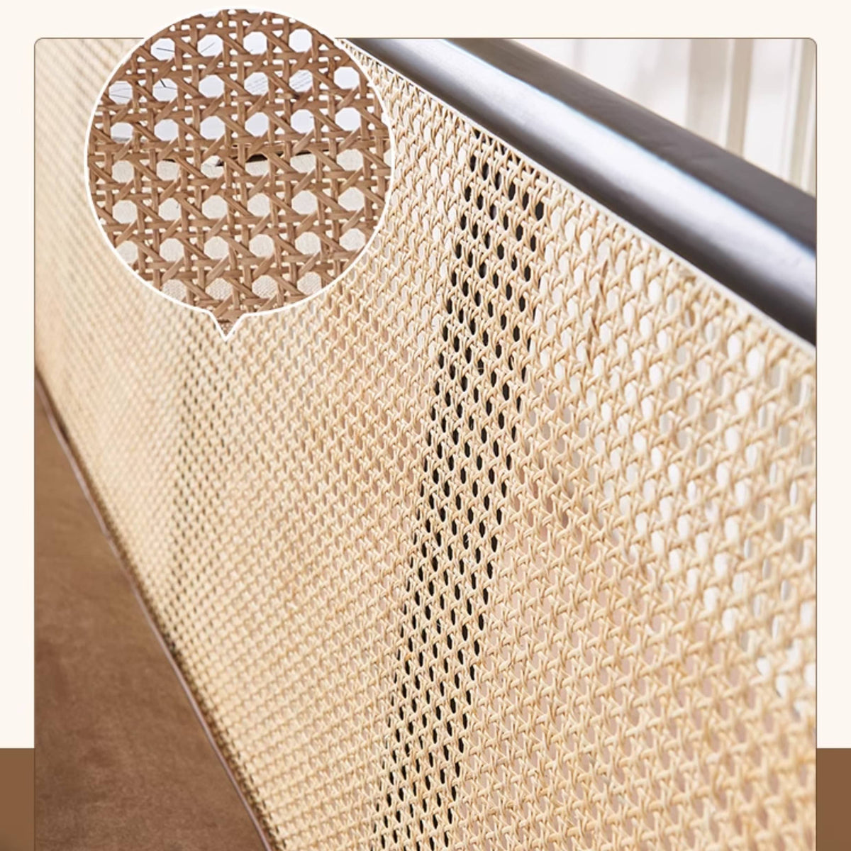 Elegant Dark Brown Ash Wood Sofa with Intricate Rattan Detailing htzm-1514